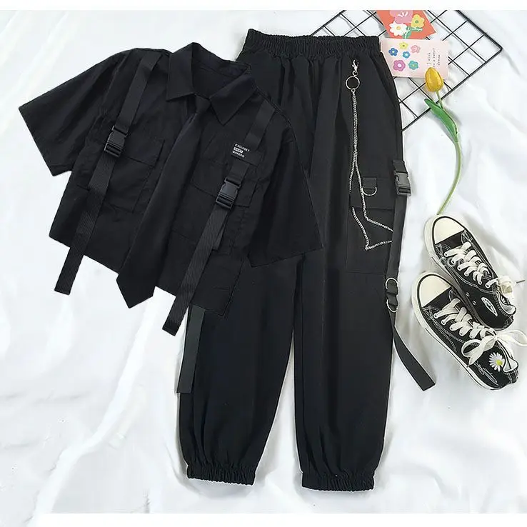 Summer New Two Piece Sets Women Outfits Korean Loose Short Shirts Single Breasted with Tie + Chain Cargo Pants High Waist Pocket