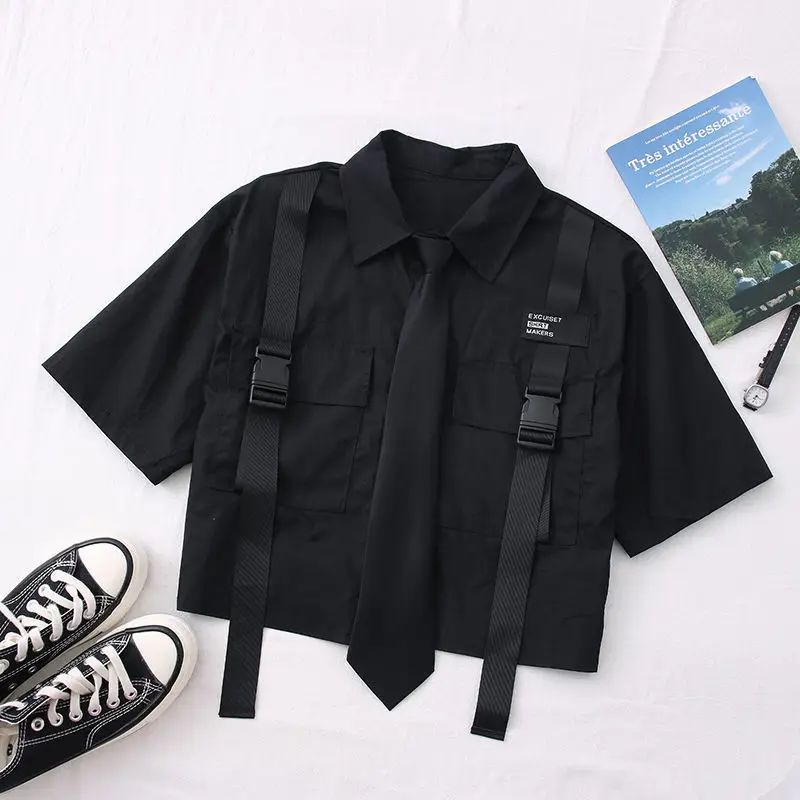 Summer New Two Piece Sets Women Outfits Korean Loose Short Shirts Single Breasted with Tie + Chain Cargo Pants High Waist Pocket