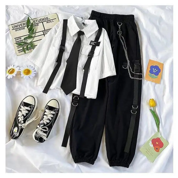Summer New Two Piece Sets Women Outfits Korean Loose Short Shirts Single Breasted with Tie + Chain Cargo Pants High Waist Pocket