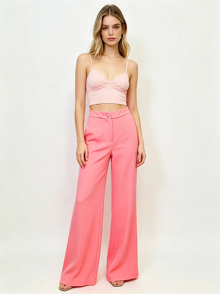 HIGH STREET Newest Fashion 2026 Fluorescent Pink Designer Trousers Women's Wide-leg Long Pants