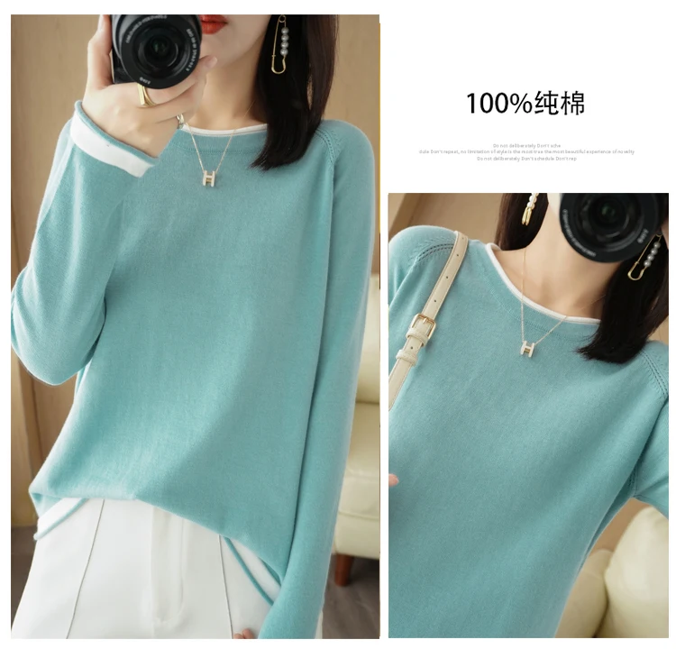 Spring Autumn Hot Sale New 100% Pure Cotton Sweater Women O-neck Pullover Contrast Crimping Fashion Loose Casual Knit Base Tops