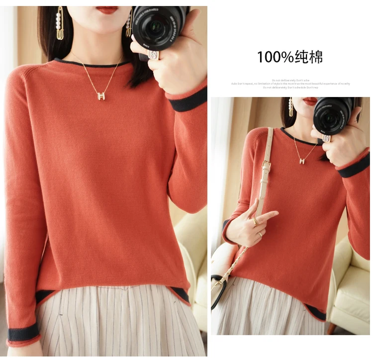 Spring Autumn Hot Sale New 100% Pure Cotton Sweater Women O-neck Pullover Contrast Crimping Fashion Loose Casual Knit Base Tops