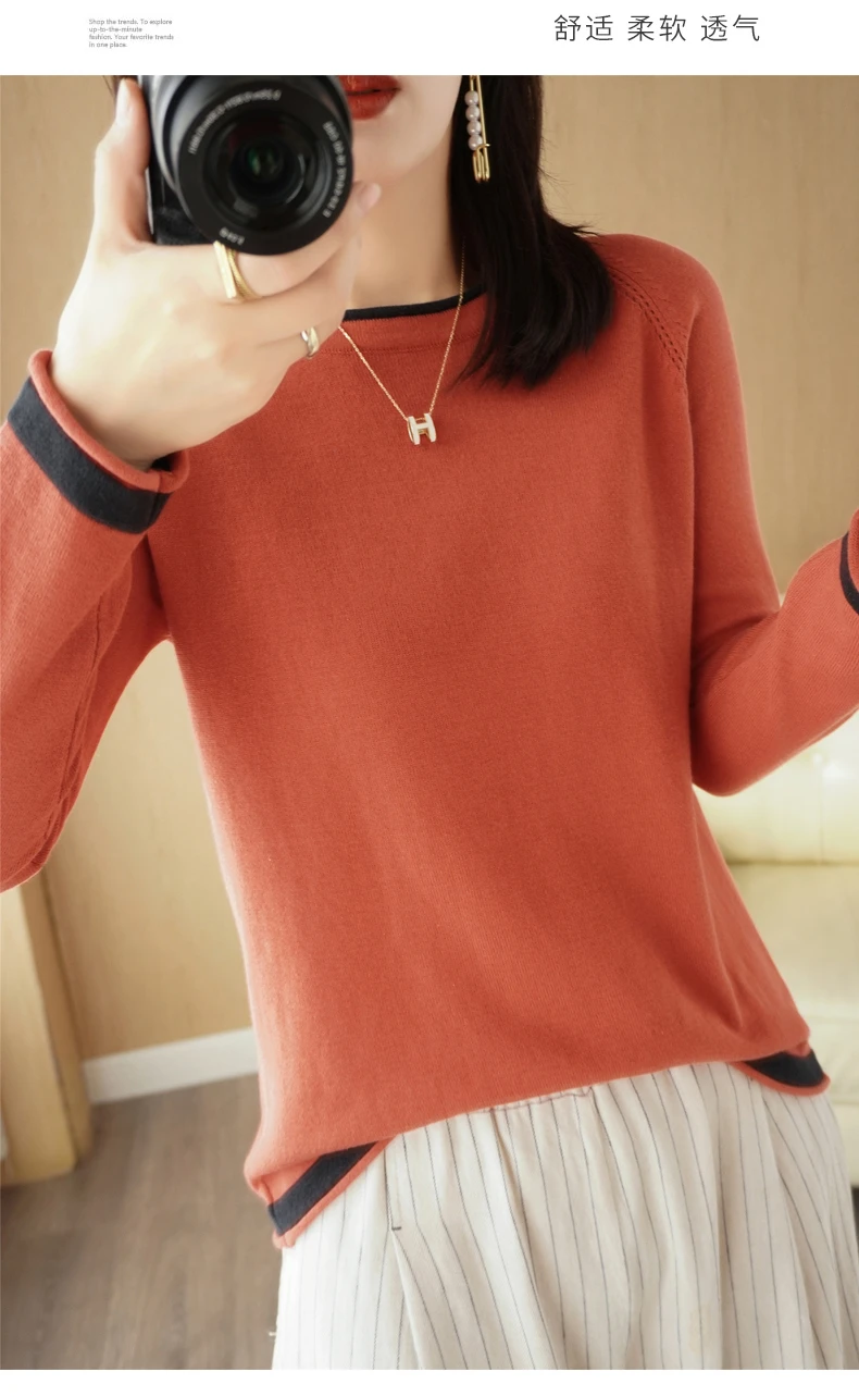 Spring Autumn Hot Sale New 100% Pure Cotton Sweater Women O-neck Pullover Contrast Crimping Fashion Loose Casual Knit Base Tops