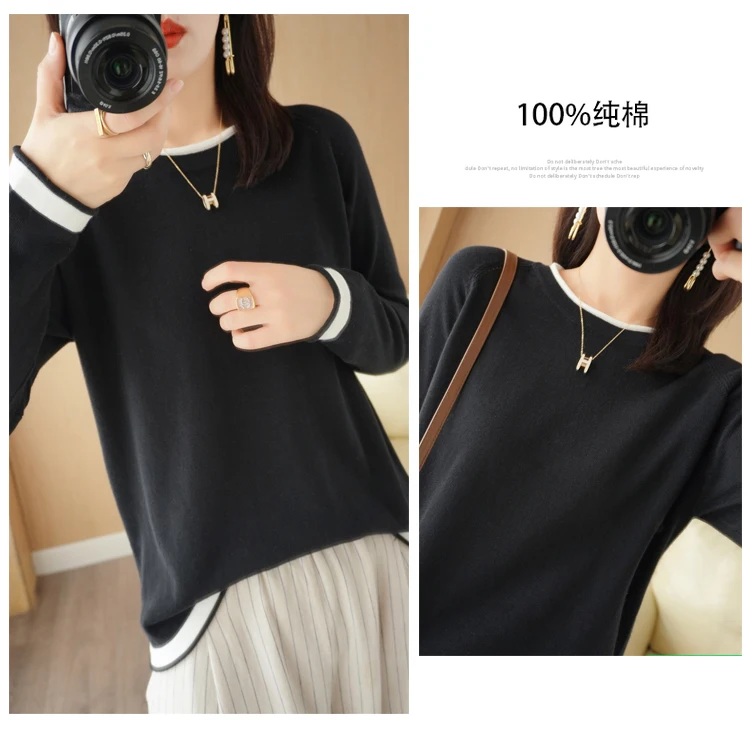 Spring Autumn Hot Sale New 100% Pure Cotton Sweater Women O-neck Pullover Contrast Crimping Fashion Loose Casual Knit Base Tops