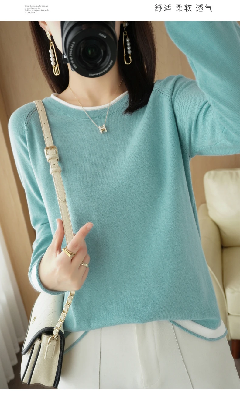 Spring Autumn Hot Sale New 100% Pure Cotton Sweater Women O-neck Pullover Contrast Crimping Fashion Loose Casual Knit Base Tops