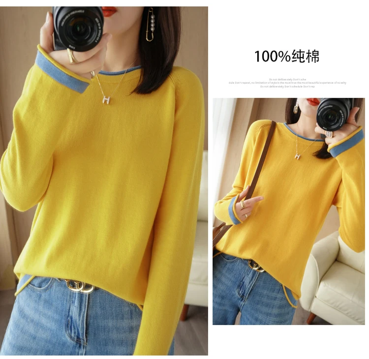 Spring Autumn Hot Sale New 100% Pure Cotton Sweater Women O-neck Pullover Contrast Crimping Fashion Loose Casual Knit Base Tops