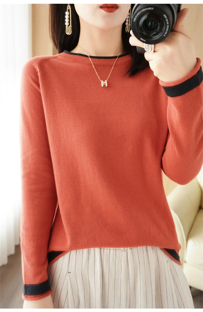 Spring Autumn Hot Sale New 100% Pure Cotton Sweater Women O-neck Pullover Contrast Crimping Fashion Loose Casual Knit Base Tops