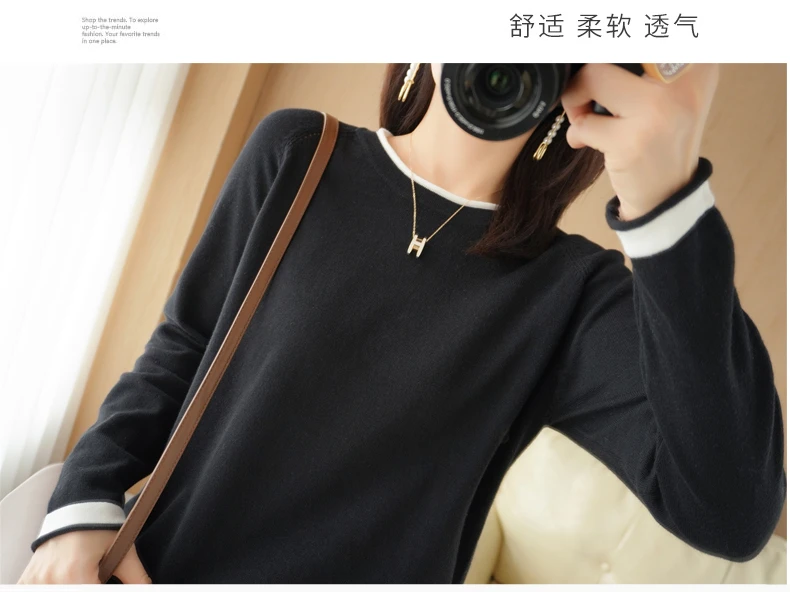 Spring Autumn Hot Sale New 100% Pure Cotton Sweater Women O-neck Pullover Contrast Crimping Fashion Loose Casual Knit Base Tops