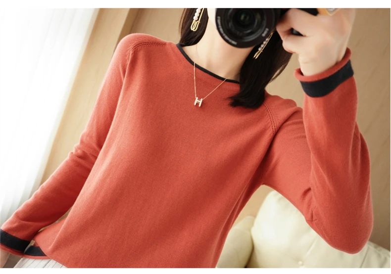 Spring Autumn Hot Sale New 100% Pure Cotton Sweater Women O-neck Pullover Contrast Crimping Fashion Loose Casual Knit Base Tops
