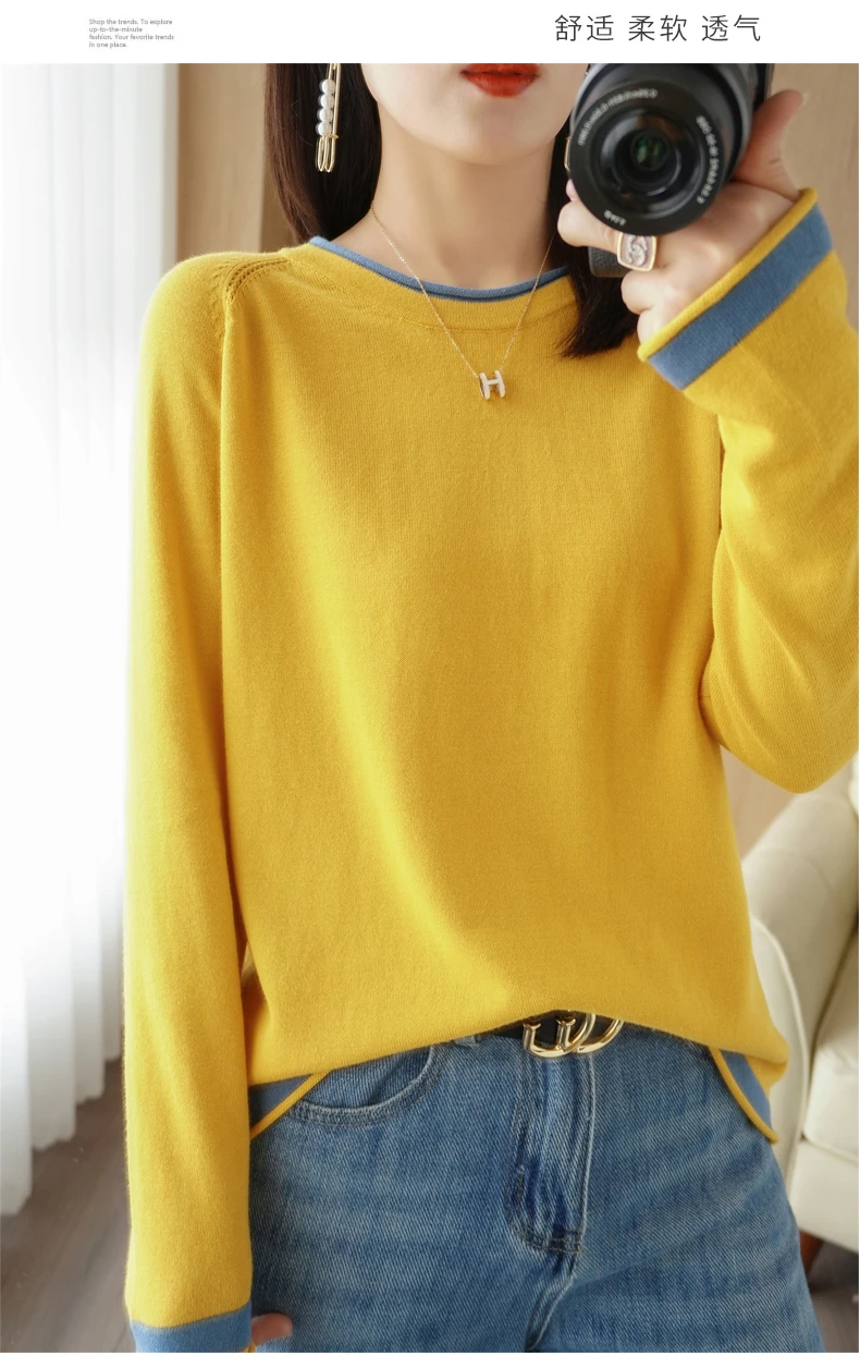 Spring Autumn Hot Sale New 100% Pure Cotton Sweater Women O-neck Pullover Contrast Crimping Fashion Loose Casual Knit Base Tops