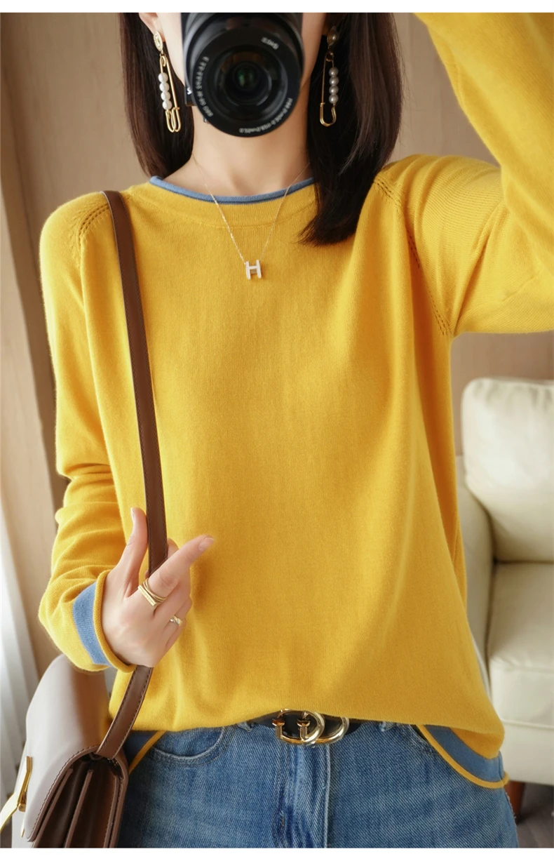 Spring Autumn Hot Sale New 100% Pure Cotton Sweater Women O-neck Pullover Contrast Crimping Fashion Loose Casual Knit Base Tops
