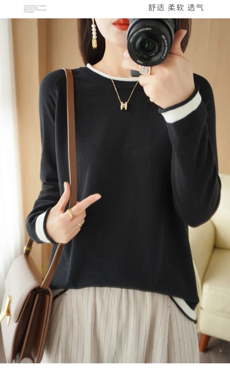 Spring Autumn Hot Sale New 100% Pure Cotton Sweater Women O-neck Pullover Contrast Crimping Fashion Loose Casual Knit Base Tops