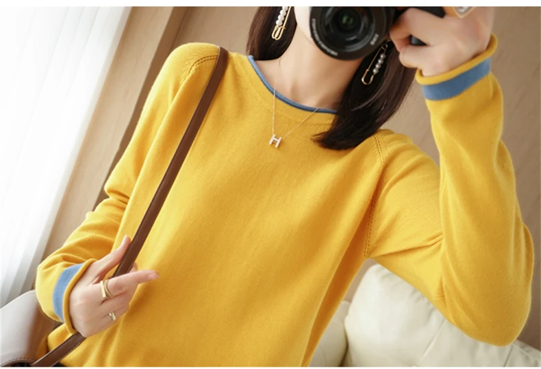 Spring Autumn Hot Sale New 100% Pure Cotton Sweater Women O-neck Pullover Contrast Crimping Fashion Loose Casual Knit Base Tops