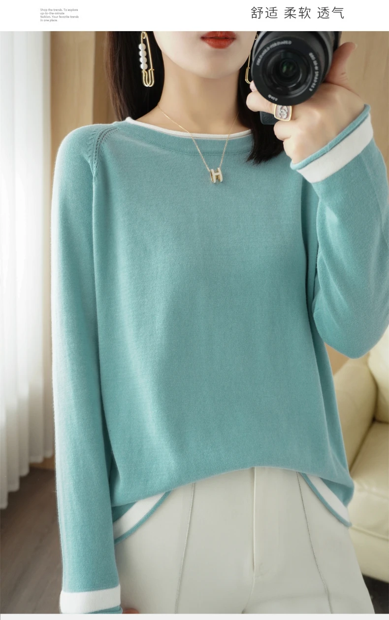 Spring Autumn Hot Sale New 100% Pure Cotton Sweater Women O-neck Pullover Contrast Crimping Fashion Loose Casual Knit Base Tops