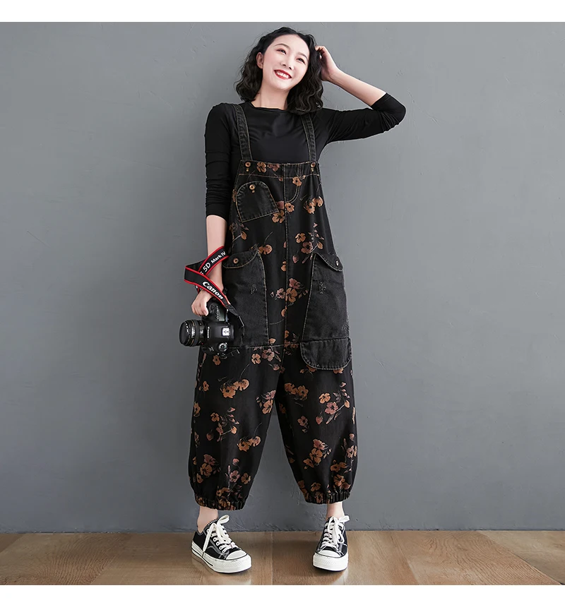 Loose Jeans Black Jumpsuit Women Casual Oversized Baggy Cargo Pants Big Pockets Print Floral Denim Overalls Straps Jean Rompers