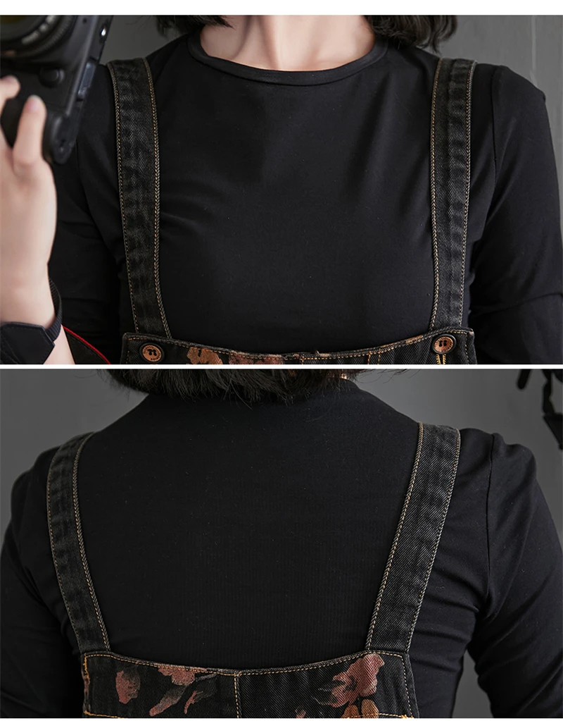 Loose Jeans Black Jumpsuit Women Casual Oversized Baggy Cargo Pants Big Pockets Print Floral Denim Overalls Straps Jean Rompers