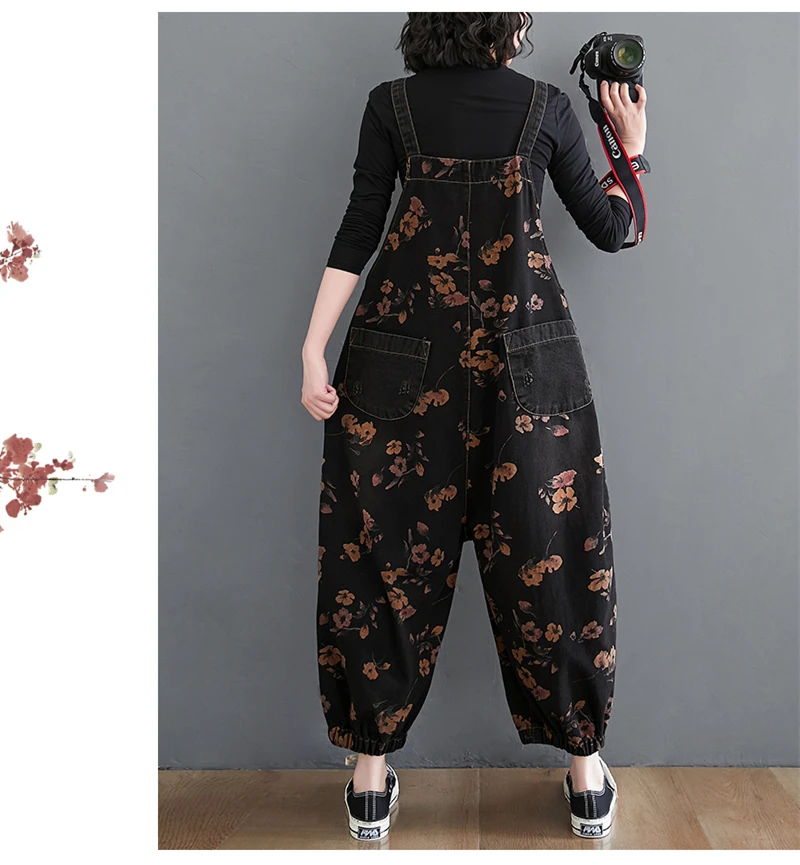 Loose Jeans Black Jumpsuit Women Casual Oversized Baggy Cargo Pants Big Pockets Print Floral Denim Overalls Straps Jean Rompers