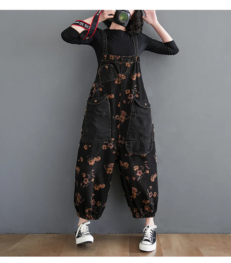 Loose Jeans Black Jumpsuit Women Casual Oversized Baggy Cargo Pants Big Pockets Print Floral Denim Overalls Straps Jean Rompers