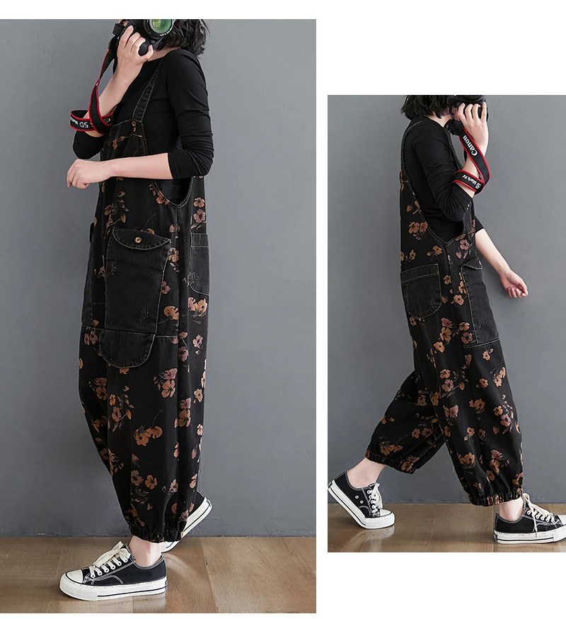 Loose Jeans Black Jumpsuit Women Casual Oversized Baggy Cargo Pants Big Pockets Print Floral Denim Overalls Straps Jean Rompers