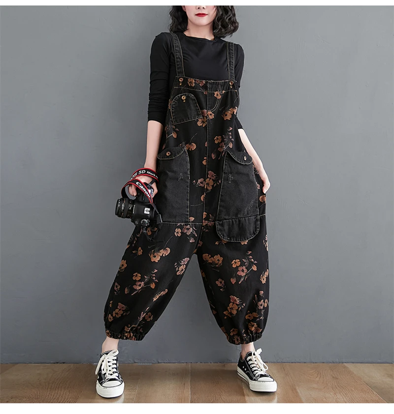 Loose Jeans Black Jumpsuit Women Casual Oversized Baggy Cargo Pants Big Pockets Print Floral Denim Overalls Straps Jean Rompers