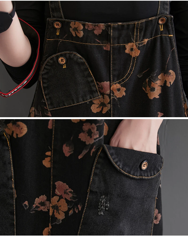 Loose Jeans Black Jumpsuit Women Casual Oversized Baggy Cargo Pants Big Pockets Print Floral Denim Overalls Straps Jean Rompers