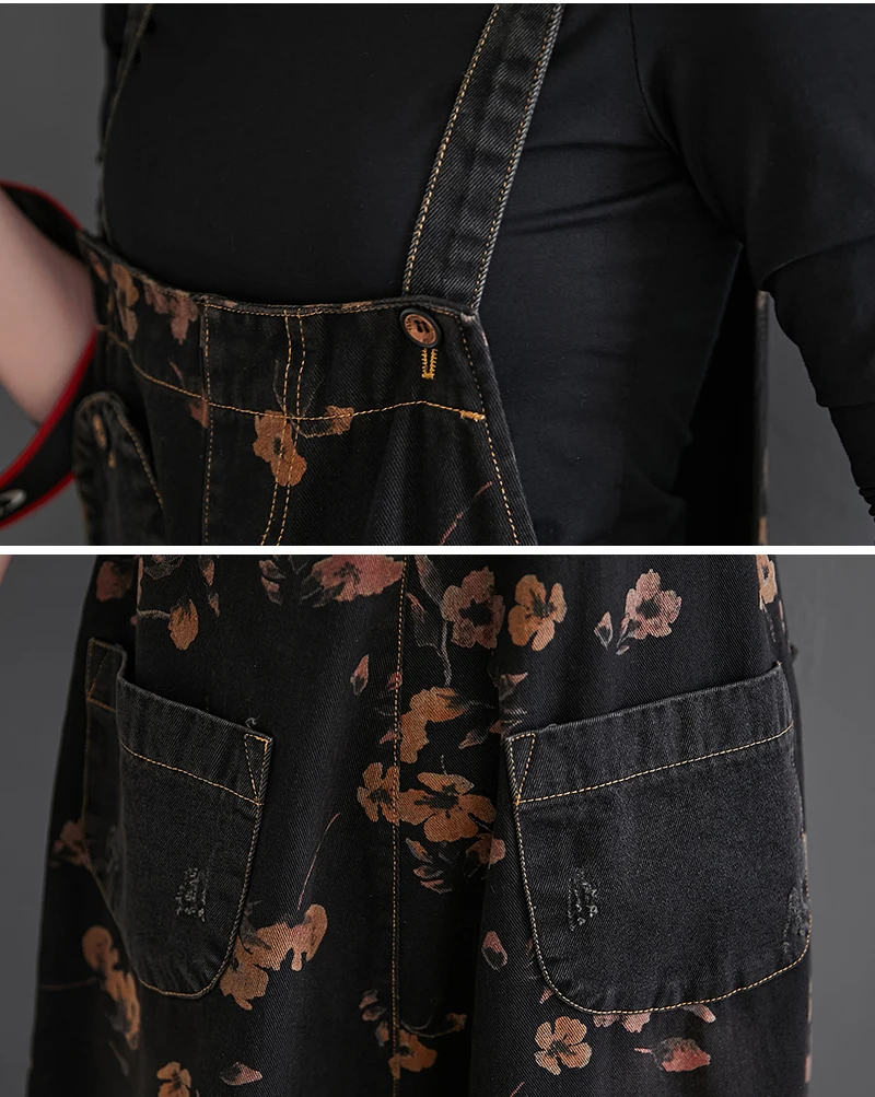 Loose Jeans Black Jumpsuit Women Casual Oversized Baggy Cargo Pants Big Pockets Print Floral Denim Overalls Straps Jean Rompers