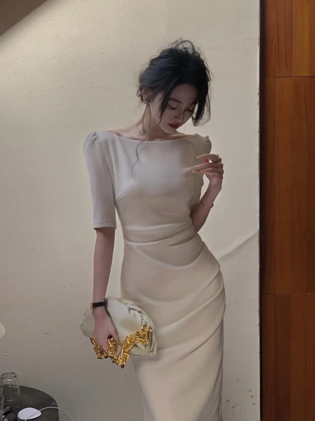 Jielur Korean Style Simple Dress for Women Elegant Midi Bodycon Dress Office Ladies Solid Clothing Femme Fashion Summer Vestidos