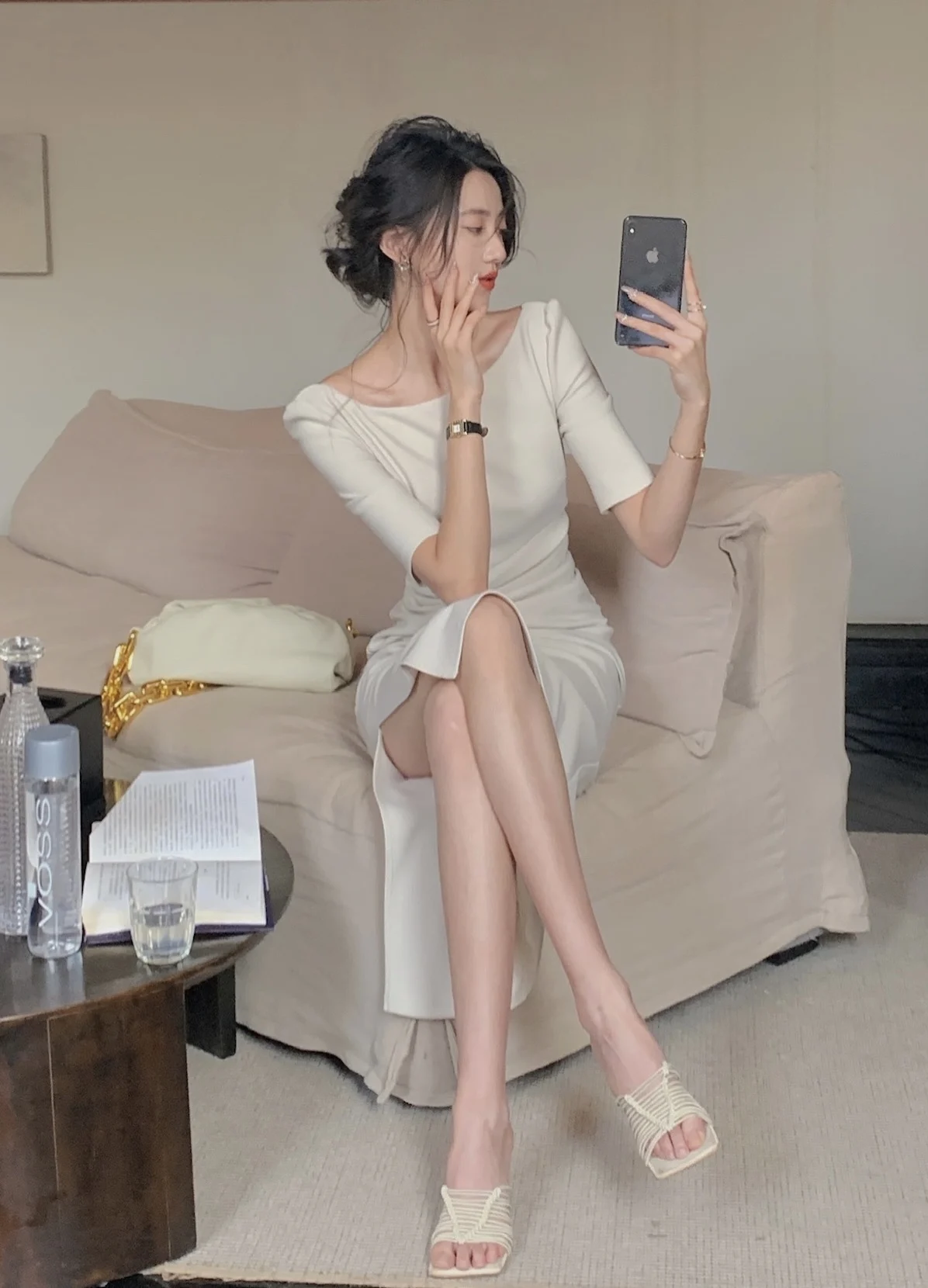 Jielur Korean Style Simple Dress for Women Elegant Midi Bodycon Dress Office Ladies Solid Clothing Femme Fashion Summer Vestidos