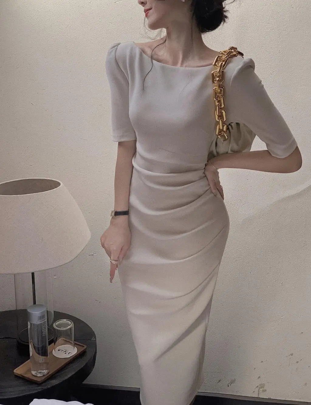 Jielur Korean Style Simple Dress for Women Elegant Midi Bodycon Dress Office Ladies Solid Clothing Femme Fashion Summer Vestidos