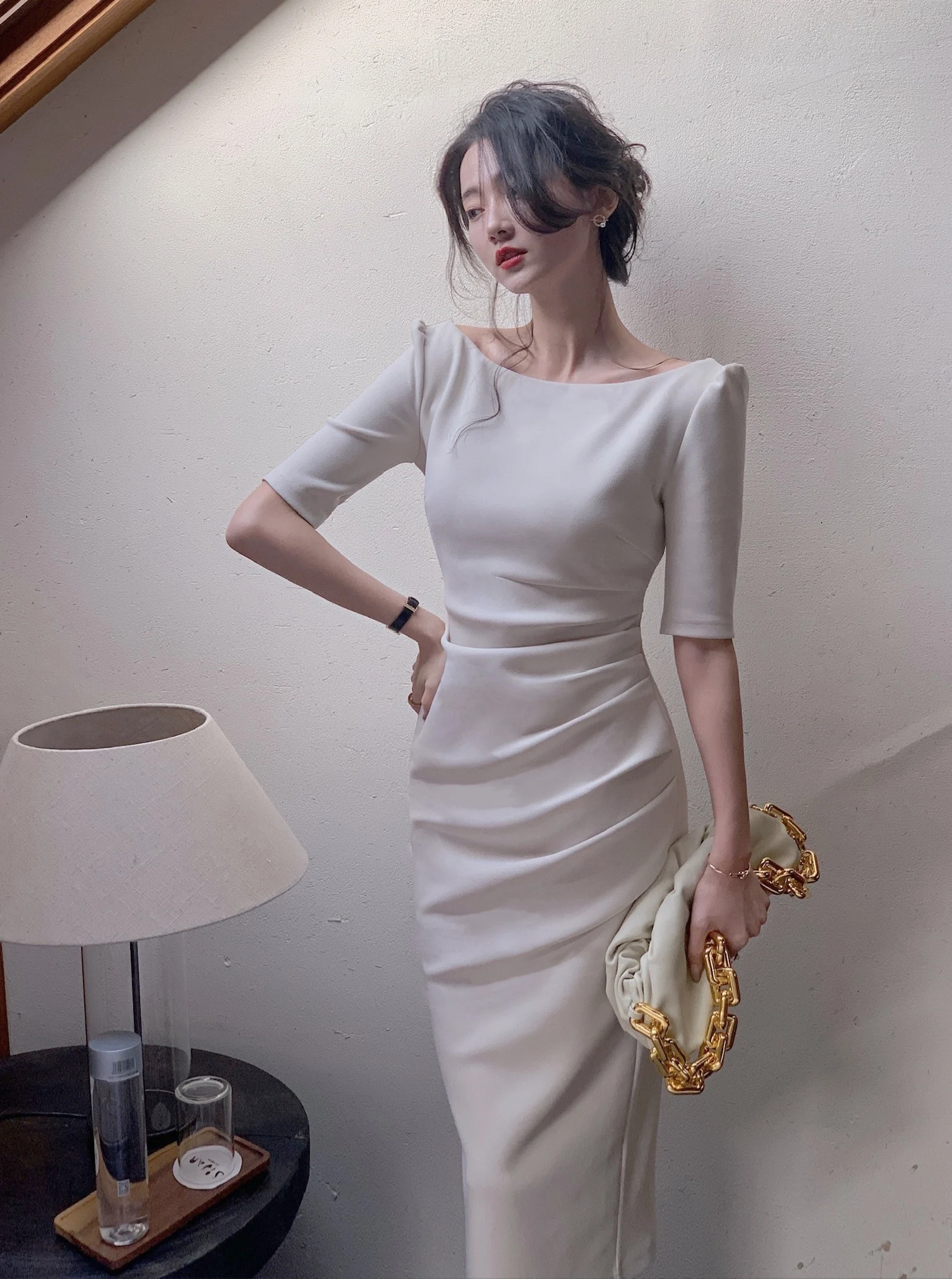 Jielur Korean Style Simple Dress for Women Elegant Midi Bodycon Dress Office Ladies Solid Clothing Femme Fashion Summer Vestidos