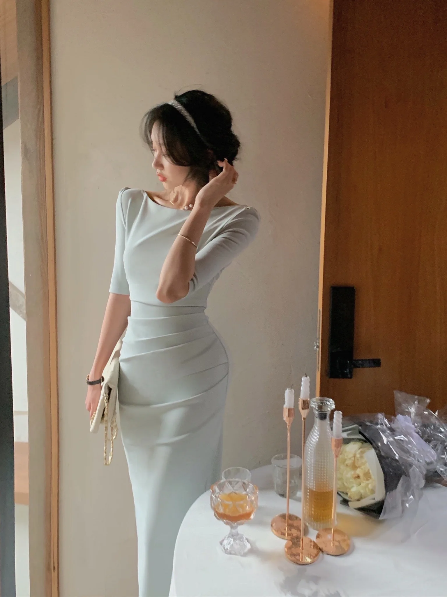 Jielur Korean Style Simple Dress for Women Elegant Midi Bodycon Dress Office Ladies Solid Clothing Femme Fashion Summer Vestidos