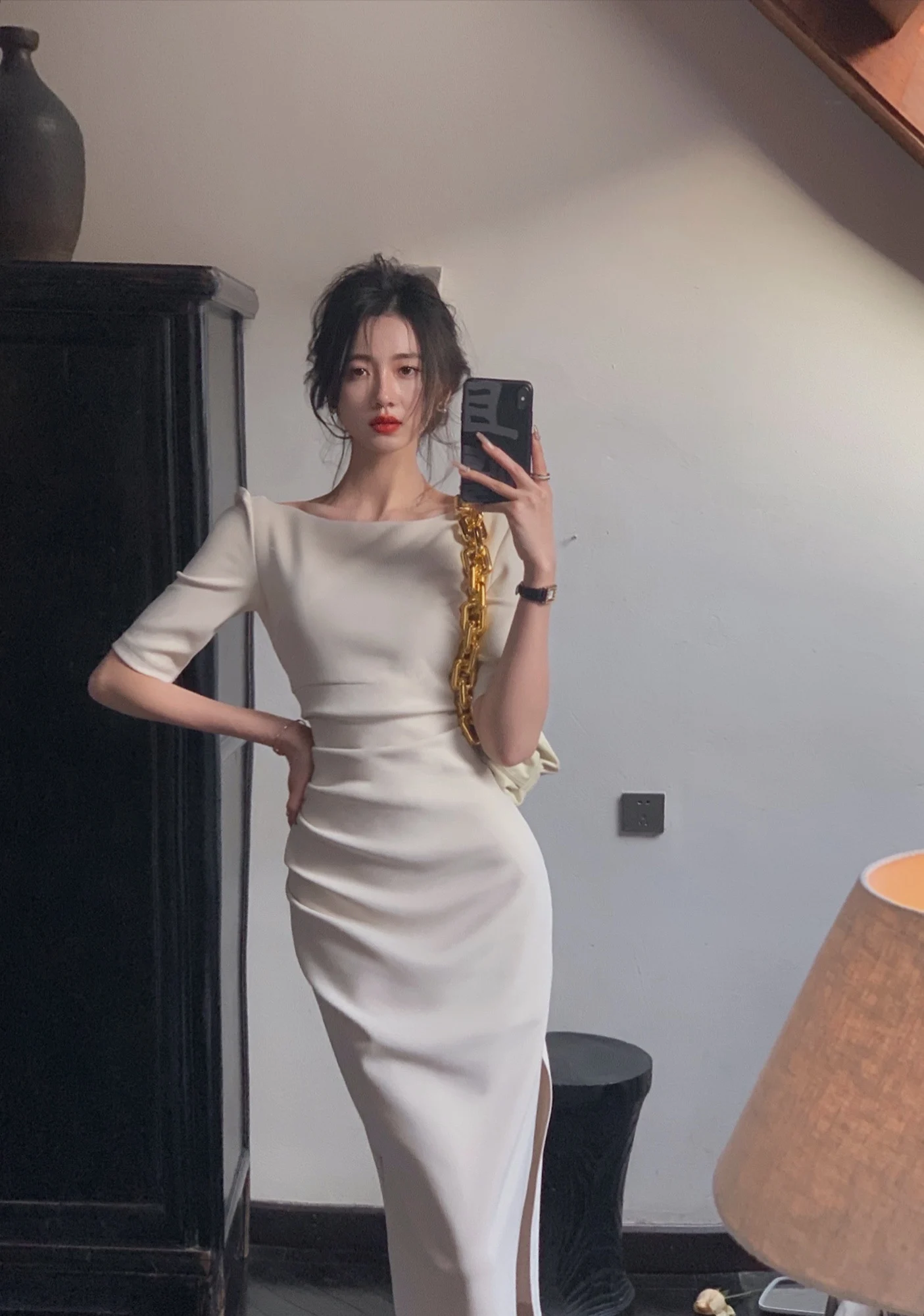 Jielur Korean Style Simple Dress for Women Elegant Midi Bodycon Dress Office Ladies Solid Clothing Femme Fashion Summer Vestidos