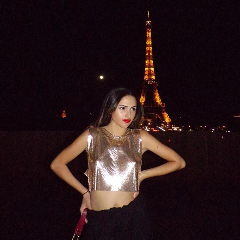 Sparkly New Metal Sequins Sexy Tank Tops Sleeveless O Neck Hollow Out Nightclub Cropped Solid Luxury Women Corset Crop Top 2022