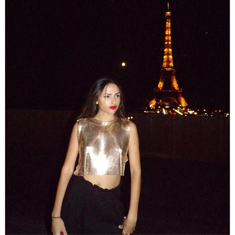 Sparkly New Metal Sequins Sexy Tank Tops Sleeveless O Neck Hollow Out Nightclub Cropped Solid Luxury Women Corset Crop Top 2022