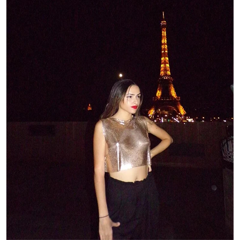 Sparkly New Metal Sequins Sexy Tank Tops Sleeveless O Neck Hollow Out Nightclub Cropped Solid Luxury Women Corset Crop Top 2022