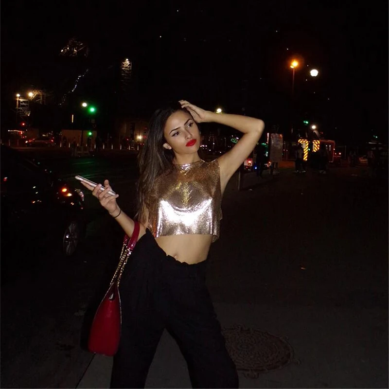 Sparkly New Metal Sequins Sexy Tank Tops Sleeveless O Neck Hollow Out Nightclub Cropped Solid Luxury Women Corset Crop Top 2022
