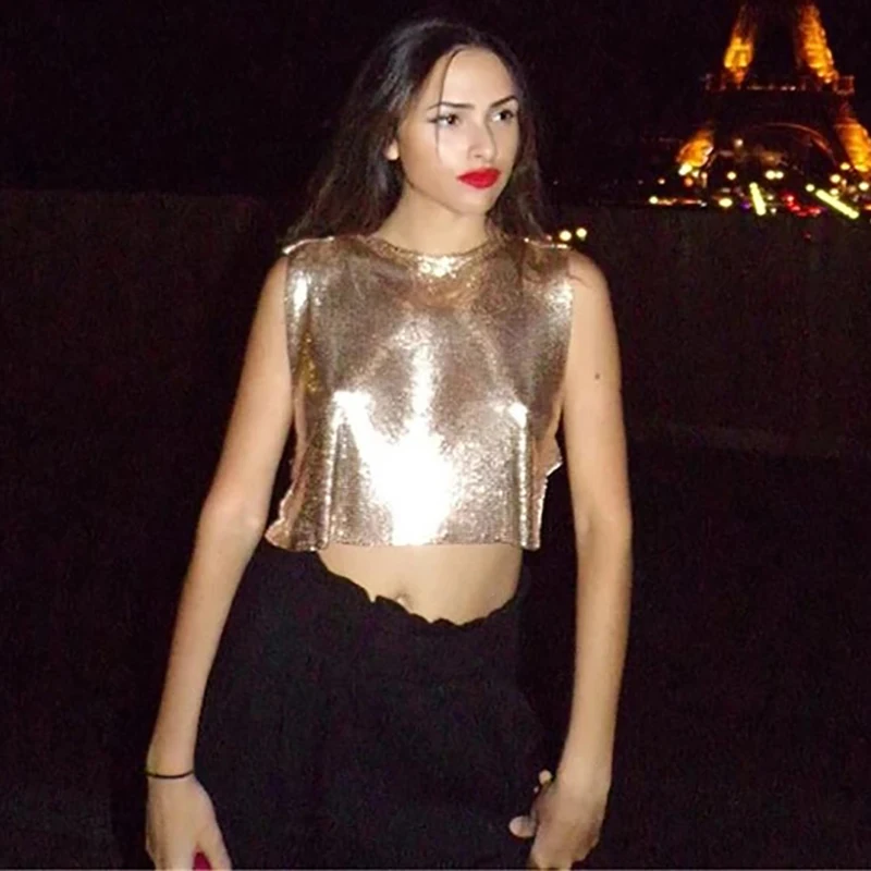 Sparkly New Metal Sequins Sexy Tank Tops Sleeveless O Neck Hollow Out Nightclub Cropped Solid Luxury Women Corset Crop Top 2022