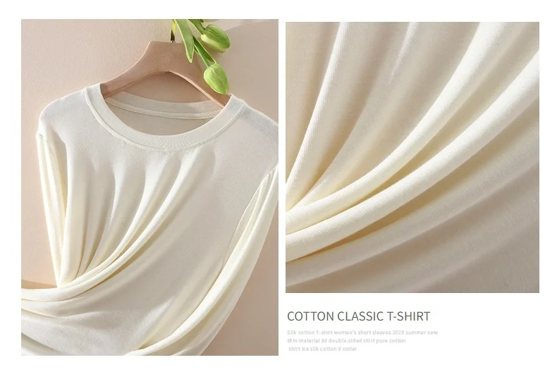 Soft Mulberry Silk Long Sleeve Women T-shirt Autumn Skin Friendly Comfortable Keep Warm Slim Cotton Bottomed Shirt Basic Tops