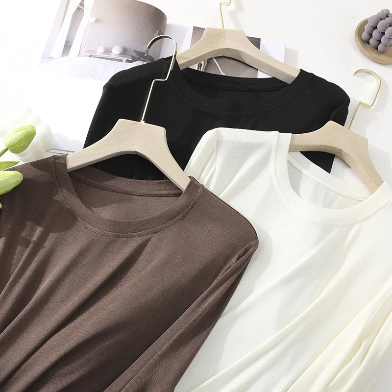 Soft Mulberry Silk Long Sleeve Women T-shirt Autumn Skin Friendly Comfortable Keep Warm Slim Cotton Bottomed Shirt Basic Tops