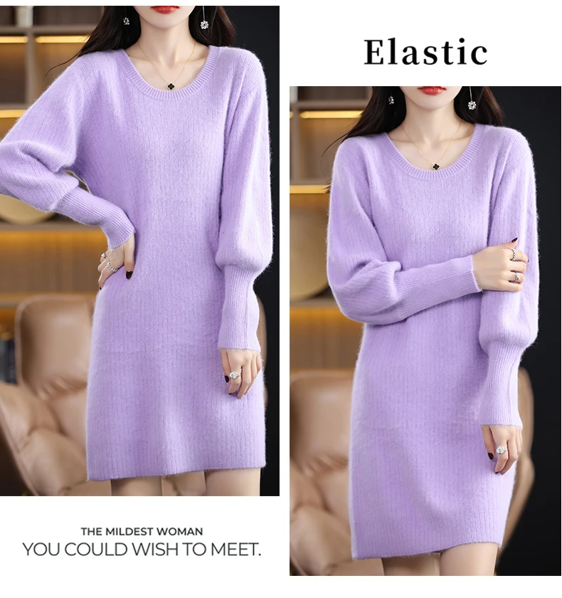 Autumn Winter 100% Mink Cashmere Knit Long Skirt Women Scoop Neck Knee-length Dress Casual Warm Jumper Cashmere Base Shirt Top