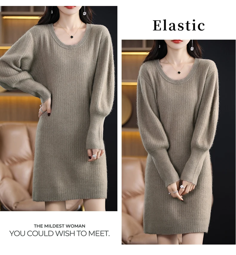 Autumn Winter 100% Mink Cashmere Knit Long Skirt Women Scoop Neck Knee-length Dress Casual Warm Jumper Cashmere Base Shirt Top