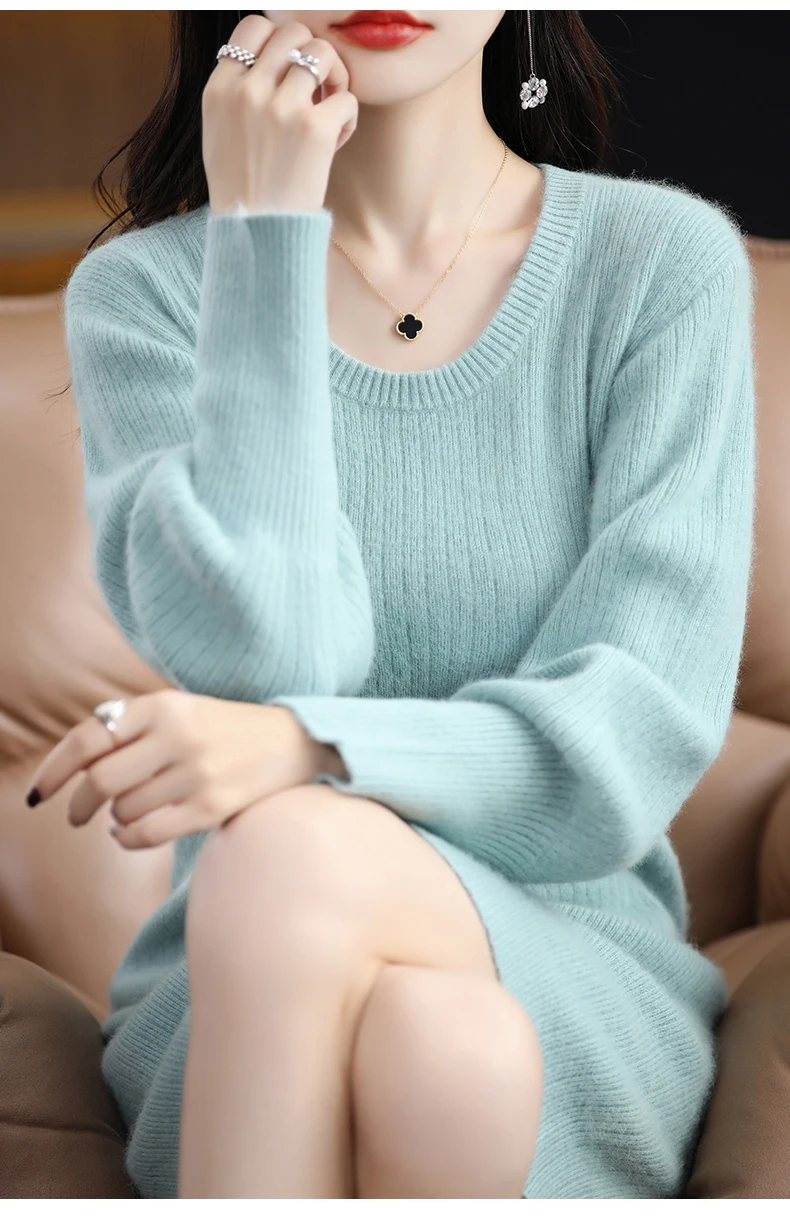 Autumn Winter 100% Mink Cashmere Knit Long Skirt Women Scoop Neck Knee-length Dress Casual Warm Jumper Cashmere Base Shirt Top