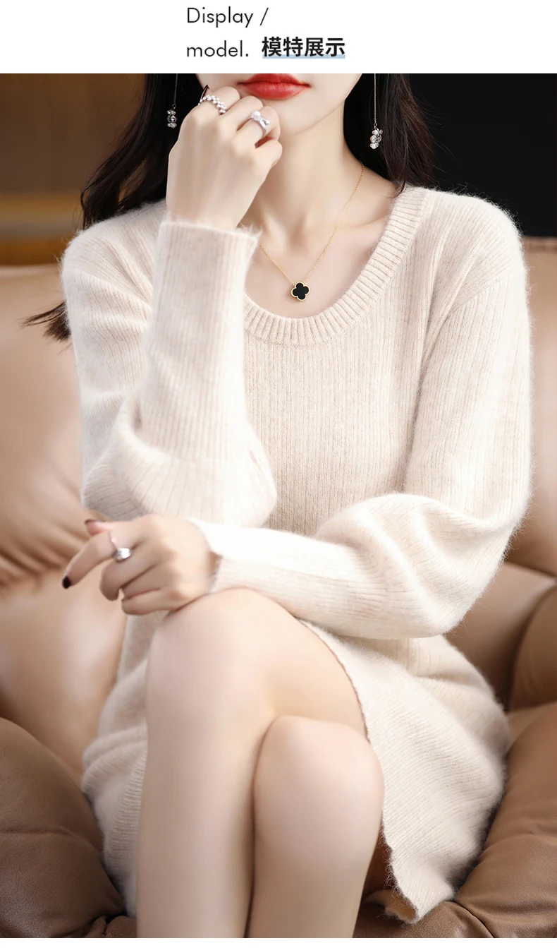 Autumn Winter 100% Mink Cashmere Knit Long Skirt Women Scoop Neck Knee-length Dress Casual Warm Jumper Cashmere Base Shirt Top