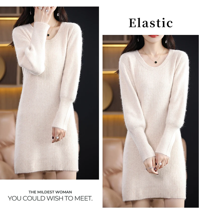 Autumn Winter 100% Mink Cashmere Knit Long Skirt Women Scoop Neck Knee-length Dress Casual Warm Jumper Cashmere Base Shirt Top