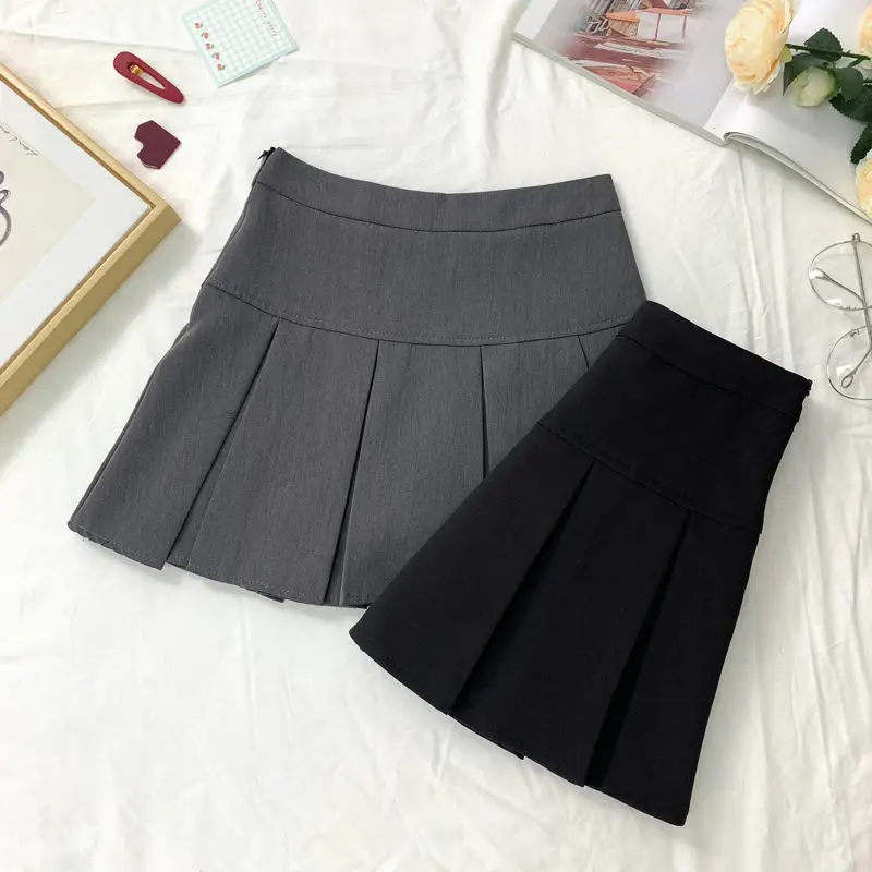 ZOKI Vintage Gray Pleated Skirt Women Kawaii High Waist Mini Skirts Korean Fashion School Uniform Harajuku Streetwear Spring