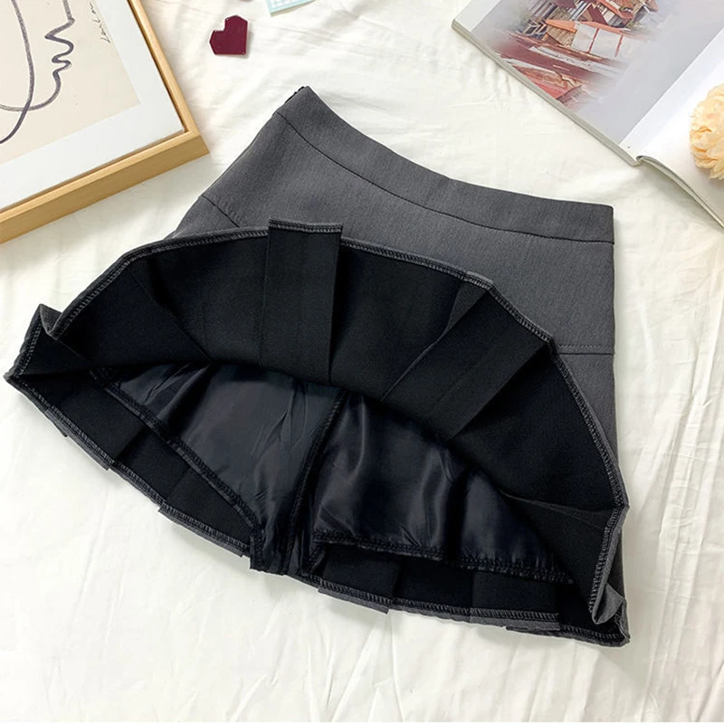 ZOKI Vintage Gray Pleated Skirt Women Kawaii High Waist Mini Skirts Korean Fashion School Uniform Harajuku Streetwear Spring