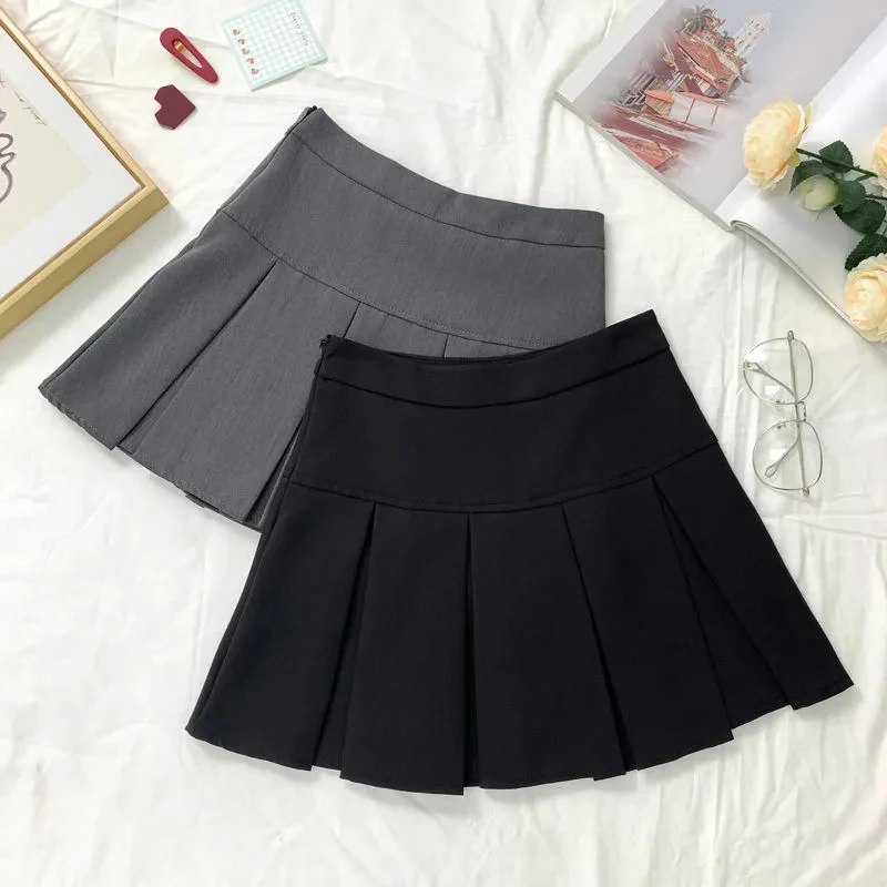 ZOKI Vintage Gray Pleated Skirt Women Kawaii High Waist Mini Skirts Korean Fashion School Uniform Harajuku Streetwear Spring