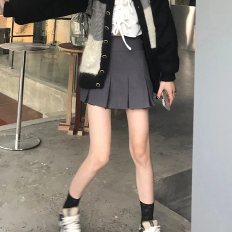 ZOKI Vintage Gray Pleated Skirt Women Kawaii High Waist Mini Skirts Korean Fashion School Uniform Harajuku Streetwear Spring