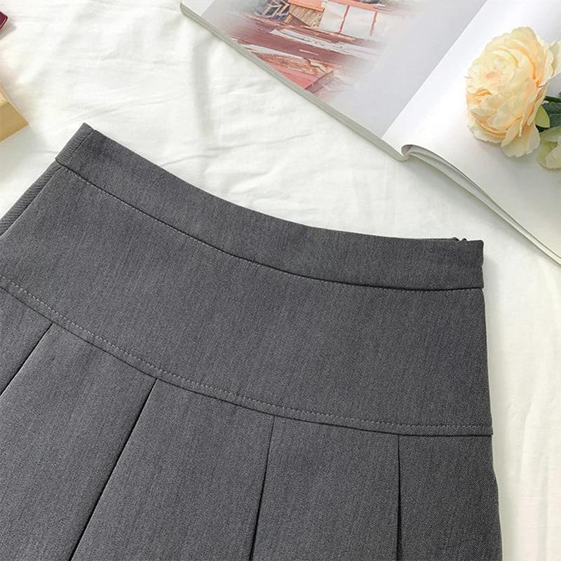 ZOKI Vintage Gray Pleated Skirt Women Kawaii High Waist Mini Skirts Korean Fashion School Uniform Harajuku Streetwear Spring