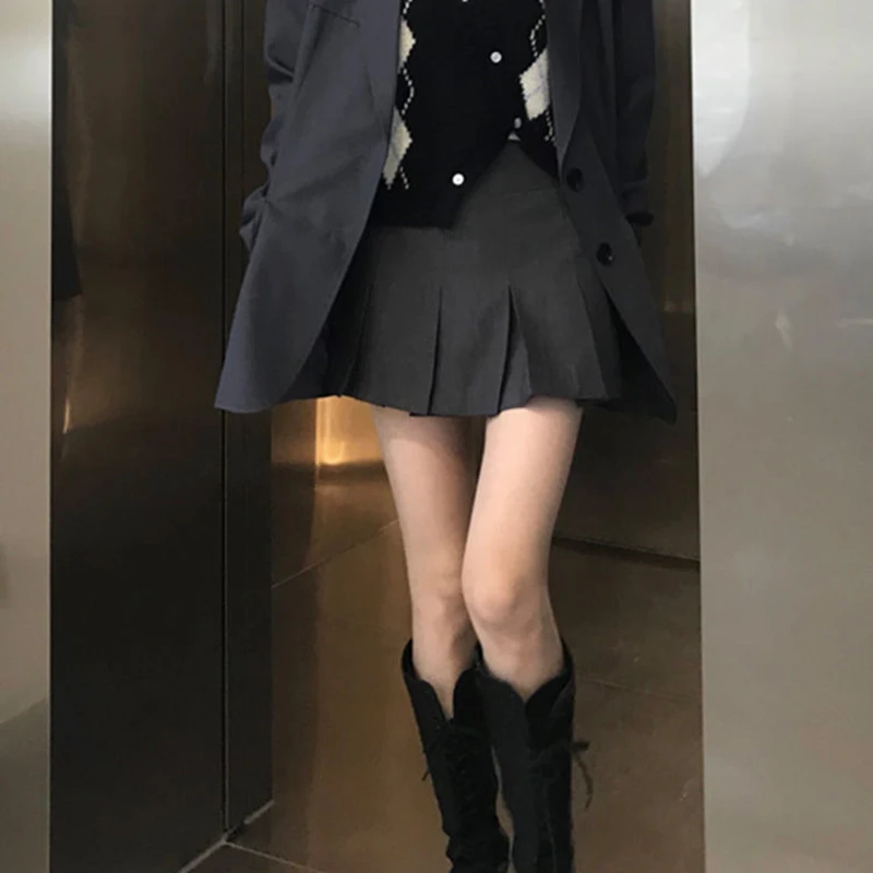 ZOKI Vintage Gray Pleated Skirt Women Kawaii High Waist Mini Skirts Korean Fashion School Uniform Harajuku Streetwear Spring
